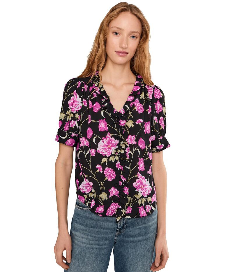 セセ レディース トップス シャツ Vネック フラワー柄 フリル フラワー CeCe Floral Ruffled Front Vneck Top Rich Black ブラック