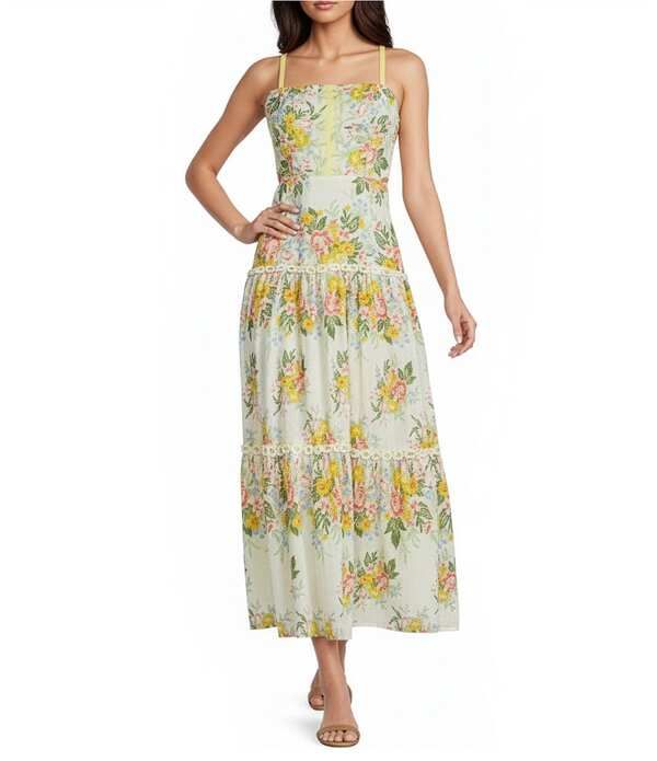 アドリアナ パペル レディース トップス ワンピース フラワー柄 ミディ ノースリーブ フラワー Adrianna Day by Adrianna Papell Floral Sleevelessquare Neck Midi Dress Pale Yello