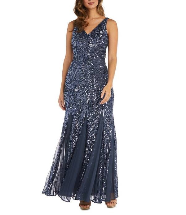 アールアンドエムリチャーズ レディース トップス ワンピース Vネック メッシュ ノースリーブ R M Richards Beaded Mesh Sleeveless VNeck Godet Long Dress Gun Metal