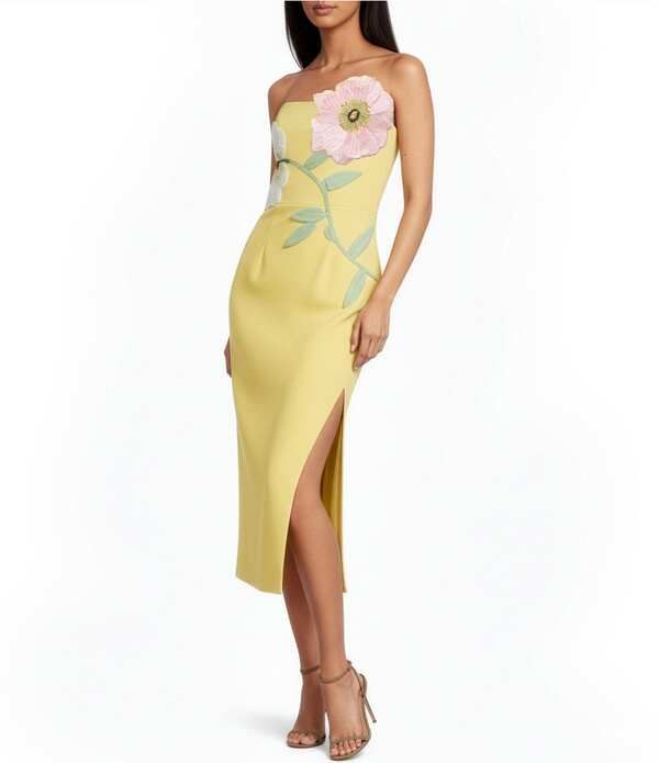 エリアット レディース トップス ワンピース クレープ フラワー柄 ミディ ストラップレス ノースリーブ フラワー ELLIATT Hope Stretch Crepe 3D Floral Straplessleeveless Midi Dress Yello