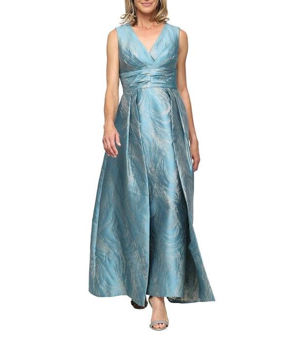 アレックスイブニングス レディース トップス ワンピース Vネック プチ トール ノースリーブ Alex Evenings Petite Size Metallic Jacquard VNeck Sleeveless Ballgown Flyaway Pane