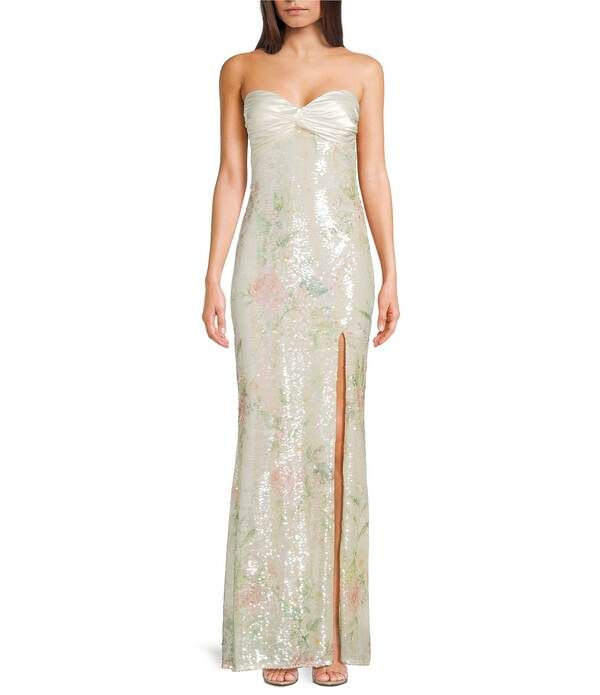 シティヴァイブ レディース トップス ワンピース サイドスリット フラワー柄 プリント メッシュ スパンコール フラワー City Vibe Floral Print Sequin Mesh Twist Front Bandeau Side Slit Long