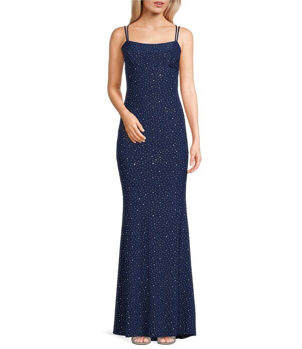ジャンプ レディース トップス ワンピース レース Jump Rhinestone Square Neck Spaghetti Strap Lace Up Back Long Dress Navy ネイビー