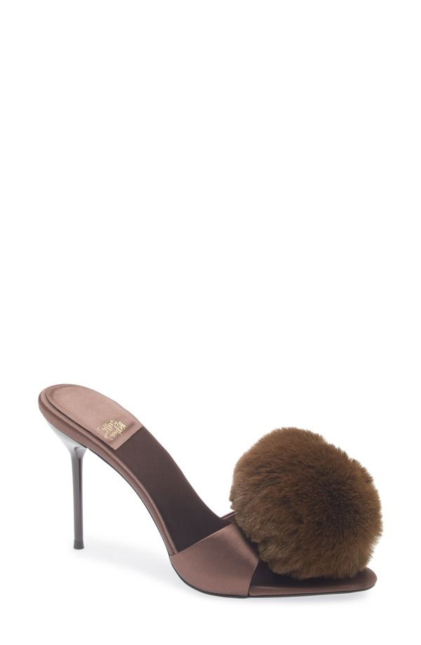 ジェフリー キャンベル レディース シューズ サンダル Jeffrey Campbell Shopaholic Faux Fur Pom Slide Sandal Brown Satin Combo ブラウン