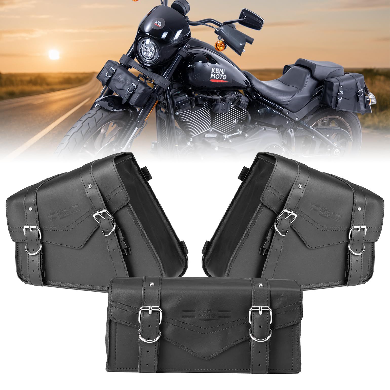 新品 KEMIMOTO バイク サイドバッグ 3個セット サドルバック フロントバッグ レザー 撥水対応 小物収納 取付簡単 自転車 ブラック KM5435