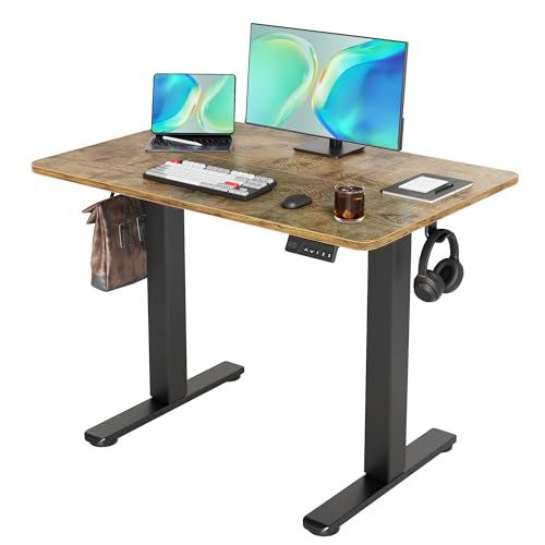 Claiks 昇降デスク 小さめ 電動 スタンディングデスク 昇降式 テーブル 幅90cm*奥行き50cm 小部屋対策 在宅ワーク パソコンデスク テレワーク オフィスデスク 高さ調節 メモリー機能 コンパクト ブラックフレーム/ブラウン天板ｍａ
