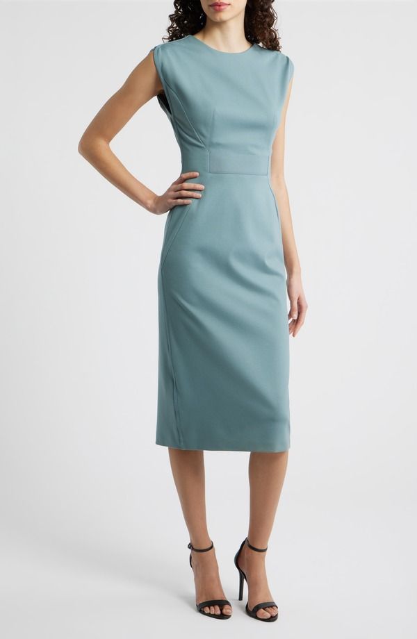 ボス レディース トップス ワンピース ミディ BOSS Detira Grosgrain Waist Detail Sheath Midi Dress Reef