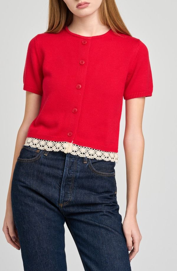 ワイフ レディース アウター パーカー・スウェット レーストリム カーディガン レース WAYF Carine Lace Trim Button Front Cardigan Red レッド