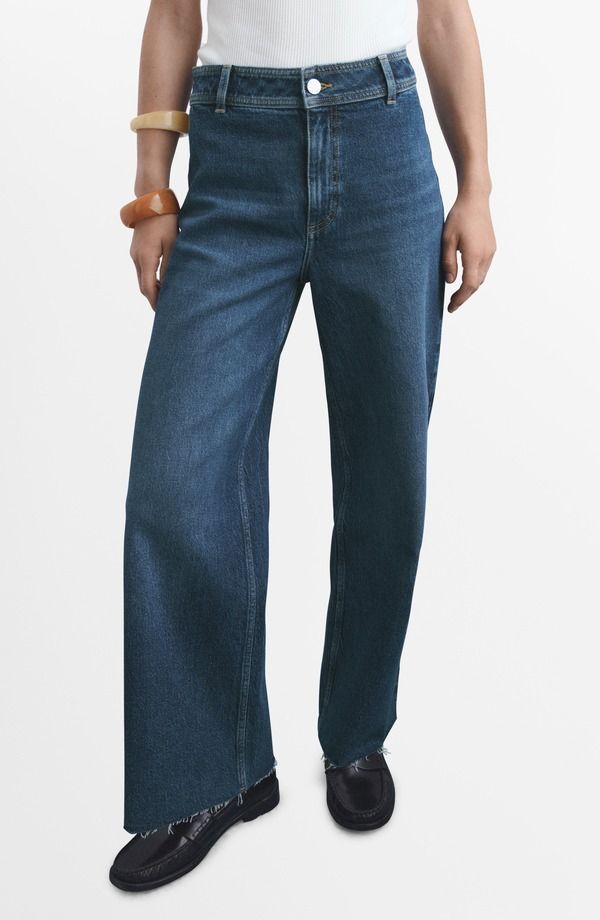 マンゴ レディース ボトムス デニムパンツ ワイドレッグ ハイウエスト ジーンズ MANGO Catherin Frayed High Waist Wide Leg Culotte Jeans Dark Blue ブルー