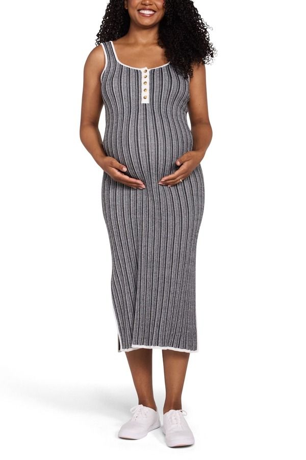 マザーフッドマタニティー レディース トップス ワンピース ミディ ノースリーブ MOTHERHOOD MATERNITY Sleeveless Nursing Henley Midi Dress Black Stripe ブラック