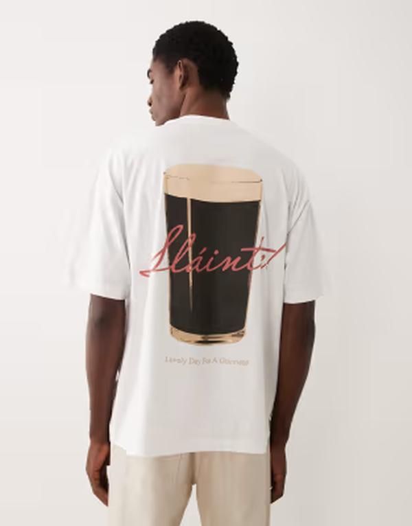 エイソス メンズ トップス Tシャツ プリント ASOS DESIGN oversized tshirt with Guinness print WHITE ホワイト