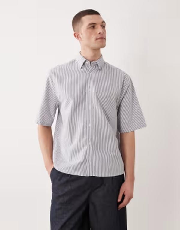 オンリーアンドサンズ メンズ トップス シャツ オックスフォード ONLY SONS boxy fit oxford shirt blue stripe Naval Academy ホワイト