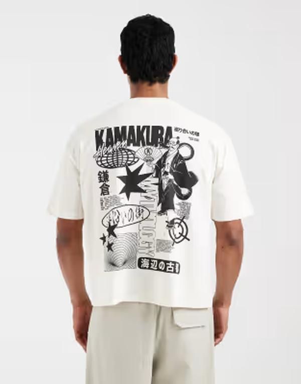 エイソス メンズ トップス Tシャツ グラフィック ASOS DESIGN boxy oversized Tshirt with Japanese graphic in cream Coconut milk クリーム