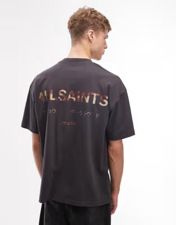 オールセインツ メンズ トップス Tシャツ プリント ロゴ AllSaints Underground cow print logo tshirt with back and chest print in washed black ブラック