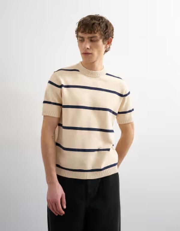 トップマン メンズ アウター ニット・セーター Tシャツ Topman classic fit knit striped Tshirt in cream クリーム