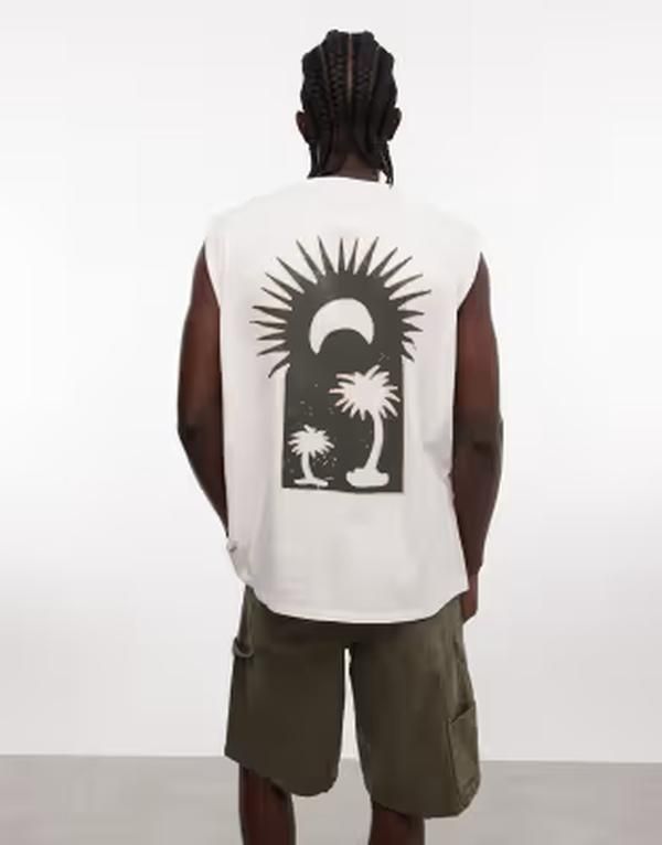 エイソス メンズ トップス ベスト プリント ASOS DESIGN oversized tank with palm print in cream Coconut milk クリーム 7,300円