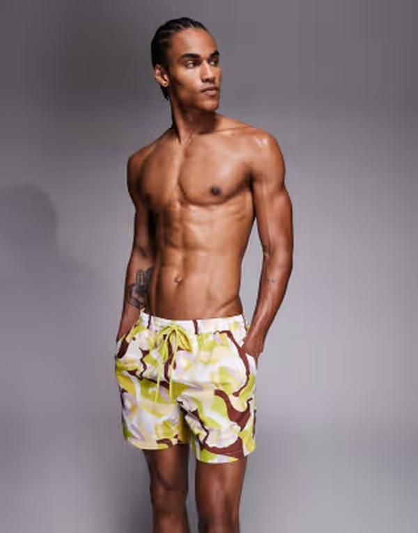 サウスビーチ メンズ 水着 ハーフパンツ・ショーツ プリント ショートパンツ South Beach retro geo print swim shorts Brown Multi ブラウン