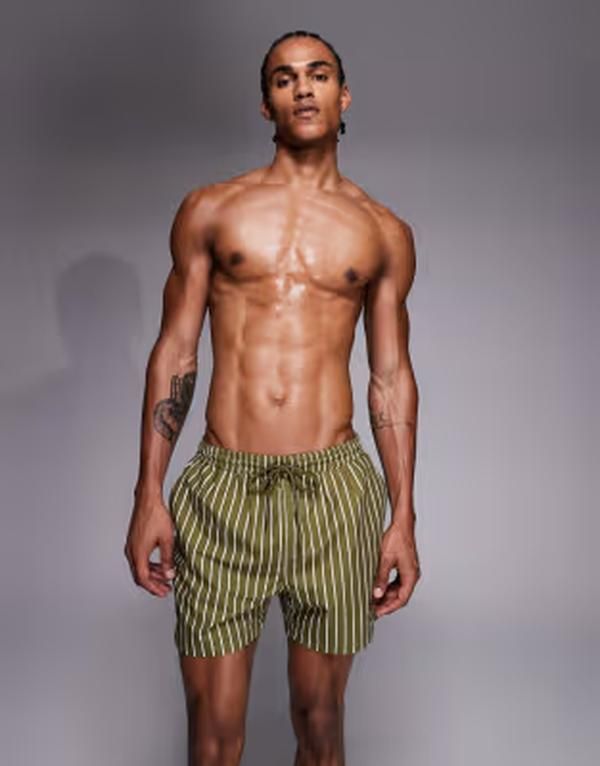 サウスビーチ メンズ 水着 ハーフパンツ・ショーツ ショートパンツ South Beach striped swim shorts in olive stripe オリーブ