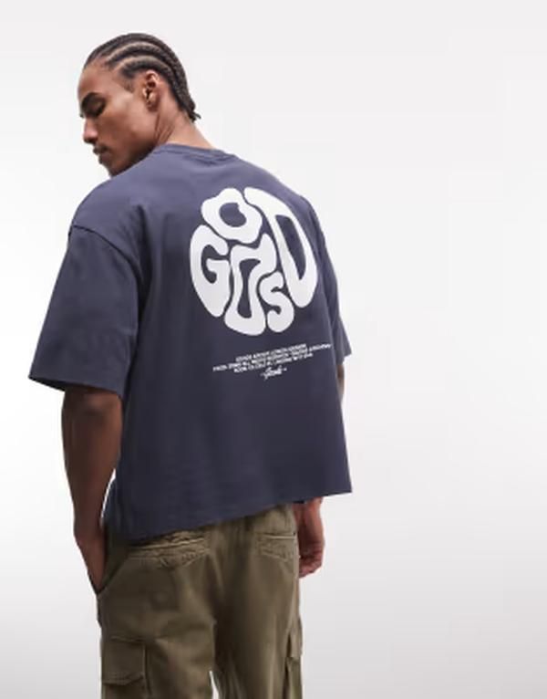 エイソス メンズ トップス Tシャツ グラフィック ASOS DESIGN heavyweight boxy oversized tshirt with back graphic wash OCEAN CAVERN ネイビー