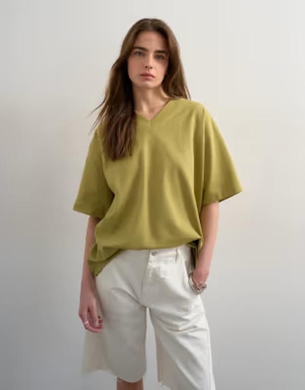 トップショップ レディース トップス Tシャツ Vネック Topshop vneck premium interlock tee Khaki カーキ