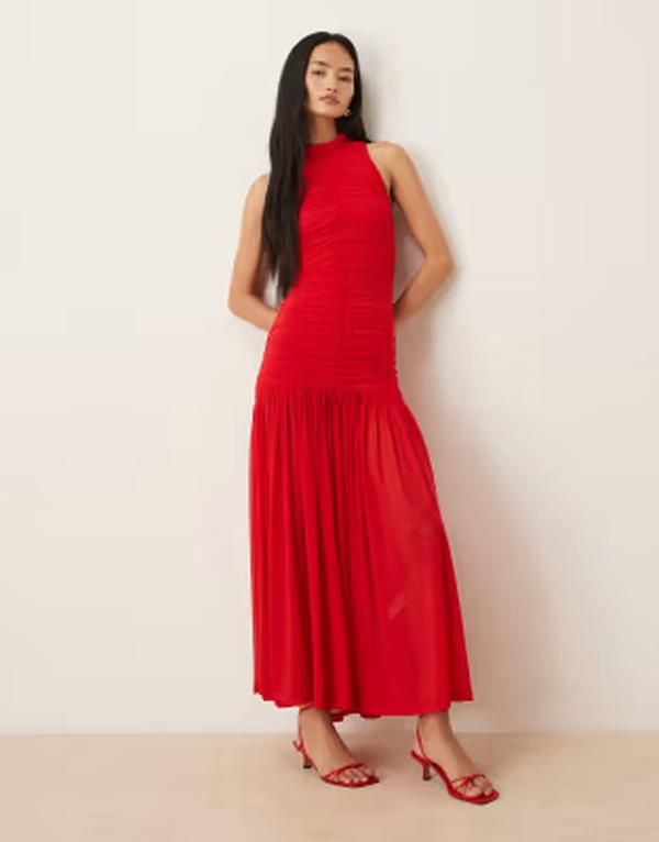 バードット レディース トップス ワンピース ギャザー メッシュ ノースリーブ マキシ Bardot Orlana sleeveless racerneck dropped waist ruched mesh maxi dress Red レッド