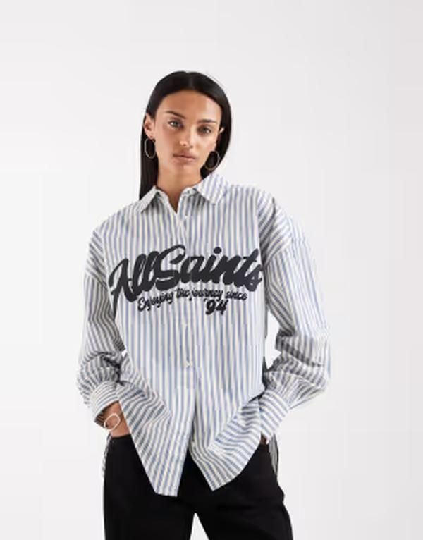 オールセインツ レディース トップス シャツ ボタンダウン ロゴ AllSaints Adrianne button down striped logo shirt Bluewhite ホワイト