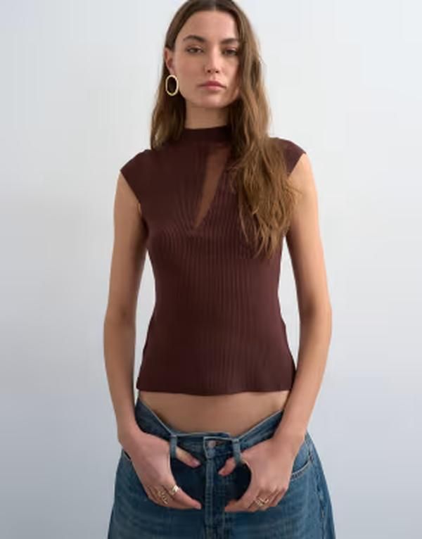 トップショップ レディース トップス ポロシャツ シアー キャップ ニット Topshop knit sheer mix cap sleeve top in chocolate チョコレート 12,236円