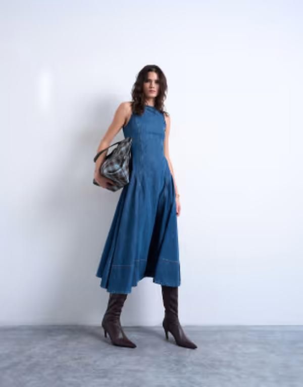 トップショップ レディース トップス ワンピース ミディ デニム Topshop denim dropped waist seam detailing midi dress in mid BLUE ブルー