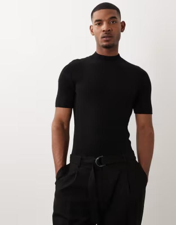 エイソス メンズ トップス Tシャツ タートルネック リブ コットン ニット ASOS DESIGN muscle fit knit cotton blend ribbed turtleneck Tshirt Black ブラック