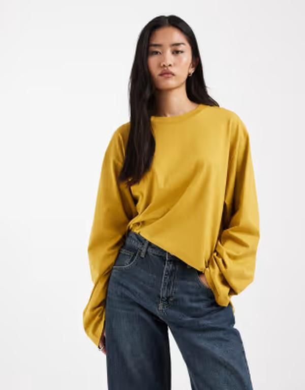 アンドアザーストーリーズ レディース トップス Tシャツ Other Stories heavy weight oversized wide sleeve long sleeve Tshirt in bright yellow イエロー