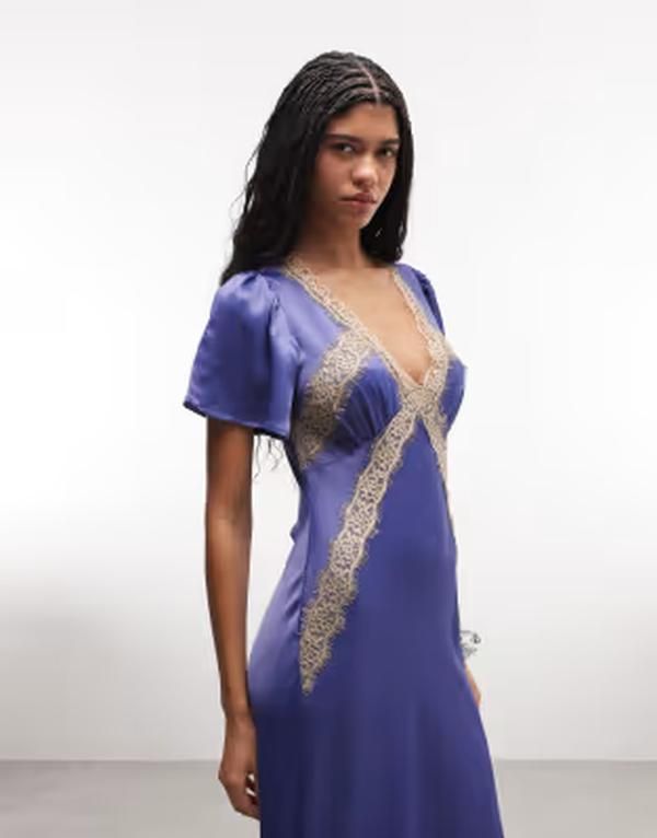 リクレイム ヴィンテージ レディース トップス ワンピース レース Reclaimed Vintage midaxi dressy dress with lace inserts BLUE ブルー