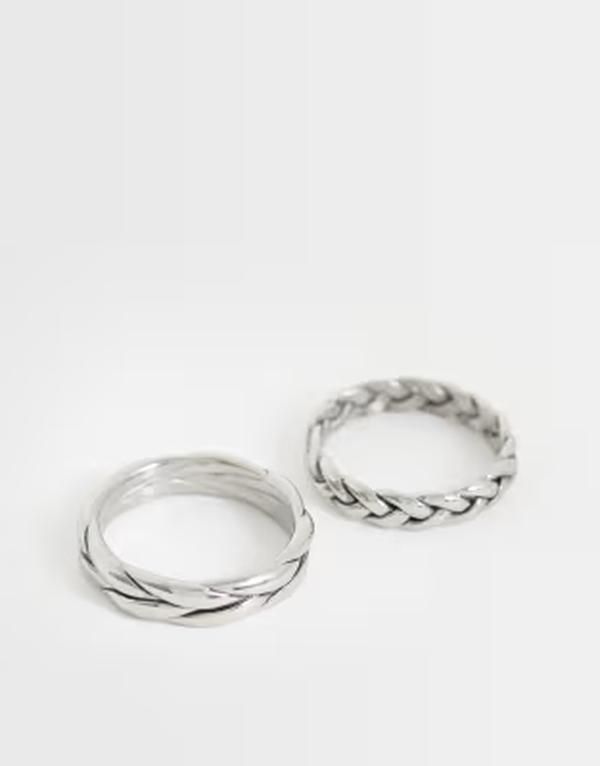 エイソス メンズ アクセサリー リング Tシャツ ASOS DESIGN waterproof stainlessteel 2 pack braided rings tone SILVER シルバー