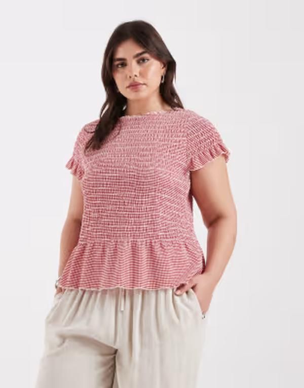 オンリーカーブ レディース トップス Tシャツ ギンガムチェック ギャザー ギンガム ONLY Curve ruchedetail boatneck top gingham Cherry Red レッド