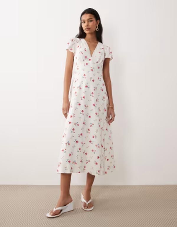 ノーバディーズ チャイルド レディース トップス ワンピース フラワー柄 プリント ミディ レース フラワー Nobodys Child Kacey lace detailing floral print midi dress White Multi ホワイト