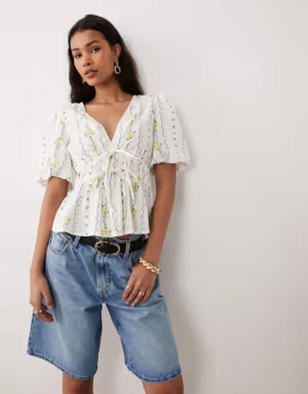 ノーバディーズ チャイルド レディース トップス シャツ フラワー柄 プリント フラワー Nobodys Child Cordelia tie detailing floral print peplum top White ホワイト