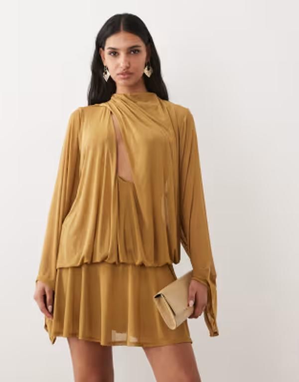 エイソス レディース トップス ワンピース ドレープ ミニ ASOS DESIGN draped slash front mini dress with blouson sleeves in olive Green グリーン