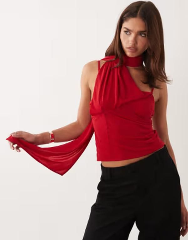 エイソス レディース トップス シャツ シフォン ASOS DESIGN stretchiffon scarf wrap top red レッド