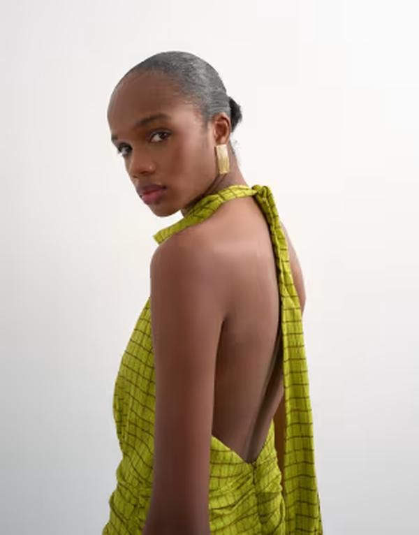 トップショップ レディース トップス ワンピース マキシ ホルター Topshop dropped waist halter maxi dress and lime plaid Brown lime plaid ライム