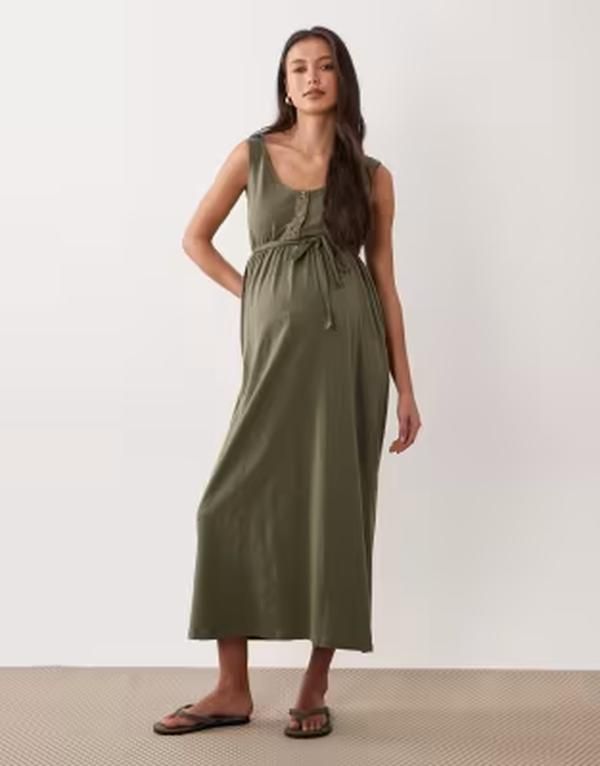 ママライシアス レディース トップス ワンピース マタニティ マキシ Mamalicious Mamalicious Maternity 2 functionursing button up maxi sundress in darkalamata カーキ