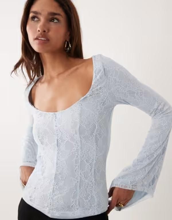 エイソス レディース トップス Tシャツ レース ASOS DESIGN lace angel sleeve top in pale Light Blue ブルー