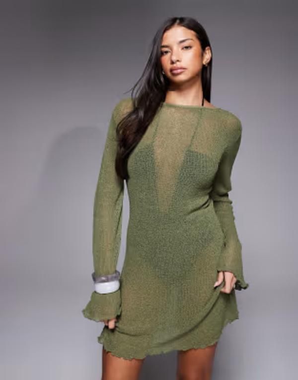エイソス レディース トップス ワンピース ミニット ASOS DESIGN beach knit boucle scoop back mini dress Khaki カーキ