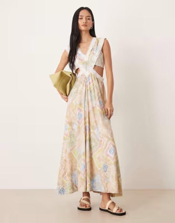 エイソス レディース トップス ワンピース カットアウト ノースリーブ レース マキシ ASOS DESIGN lace applique sleeveless cutout maxi dress in pastel abstract Pastel abstr