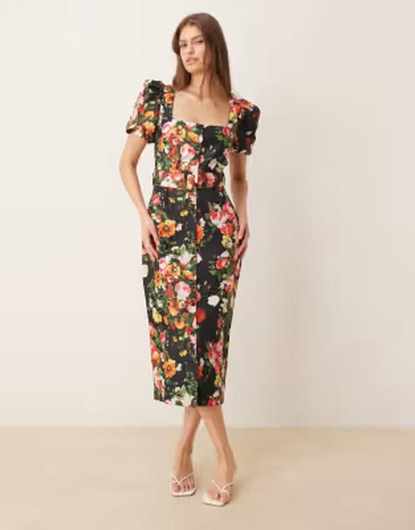 ホープ＆アイビー レディース トップス ワンピース フラワー柄 ミディ フラワー Hope Ivy stretch square neck belted midi dress floral Black multi ブラック