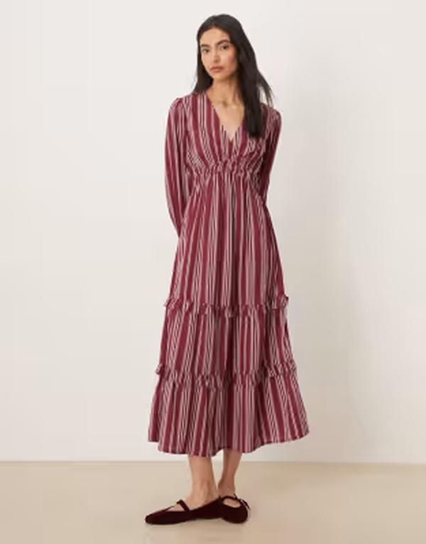 ウェンズデーガール レディース トップス ワンピース Wednesdays Girl floaty midaxi dresstripes Burgundy バーガンディ
