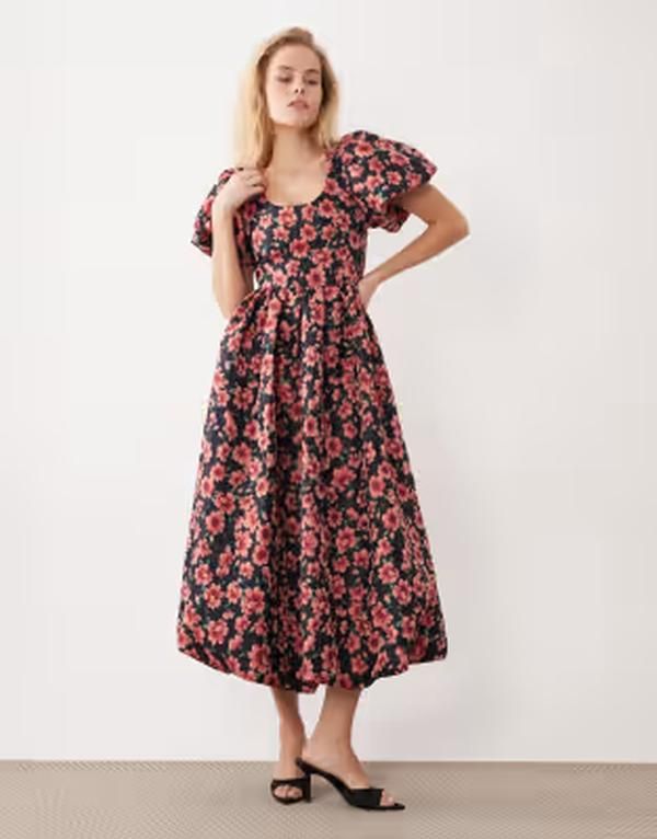 シスタージュン レディース トップス ワンピース フラワー柄 ミディ フラワー Sister Jane floral jacquard puff sleeve midi dress and NAVY ネイビー