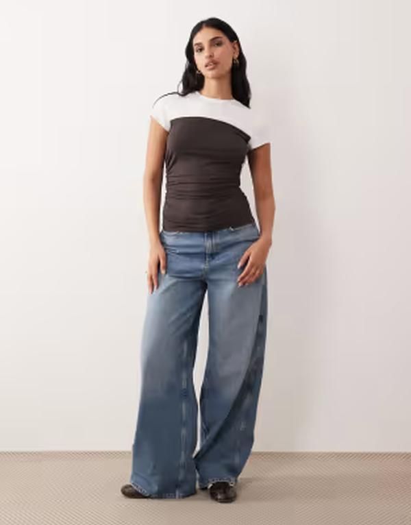 エイソス レディース トップス Tシャツ ASOS DESIGN modal short sleeve top with ruching and Brownwhite ホワイト