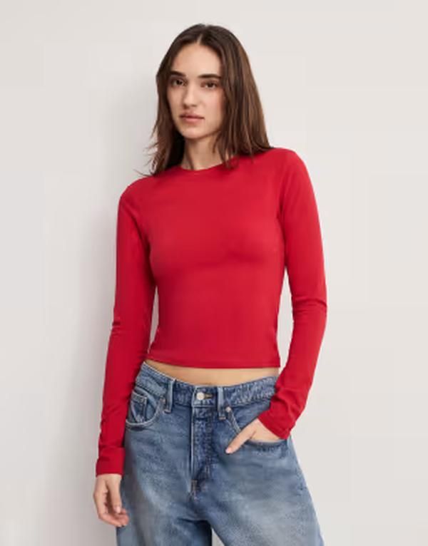 グッドアメリカン レディース トップス シャツ クルーネック コットン Good American cotton rich crew neck long sleeve top RED レッド