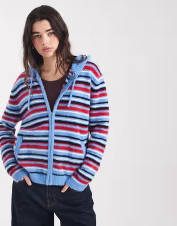 デイジーストリート レディース アウター カーディガン ニット Daisy Street zip up fluffy knit withood and red stripe Red blue stripe ブルー