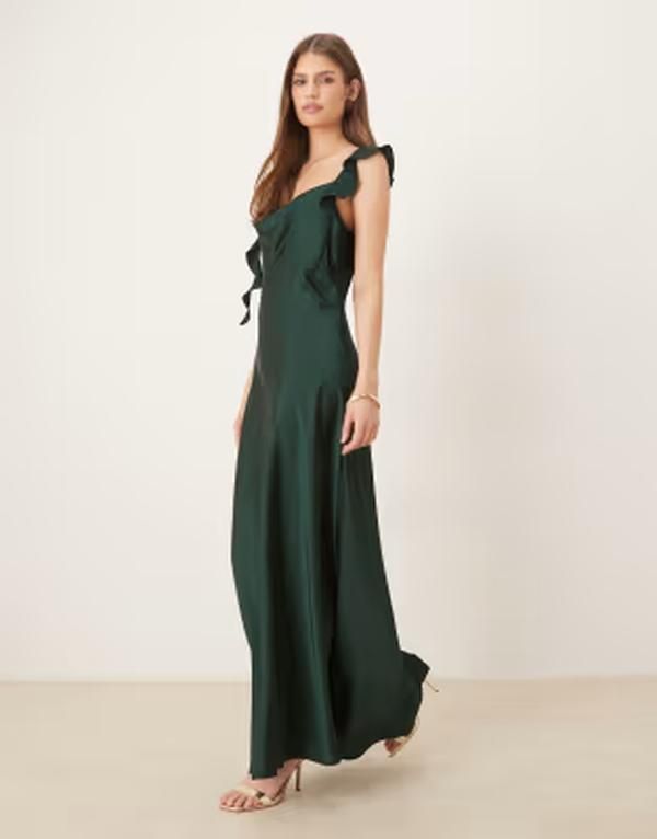 ヴィラ レディース トップス ワンピース サテン マキシ VILA cowl neck satin maxi dress with draping frill straps in scarab グリーン
