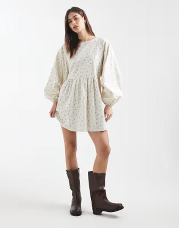 デイジーストリート レディース トップス ワンピース フラワー柄 ミニ フラワー Daisy Street long sleeve smock mini dress in multi floral Cream Floral クリーム
